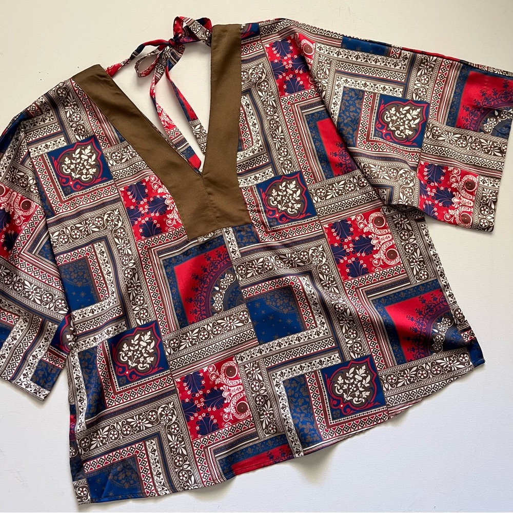 Anthropologie • Porridge Clothing • Block Print Double V-Neck Blouse size Small